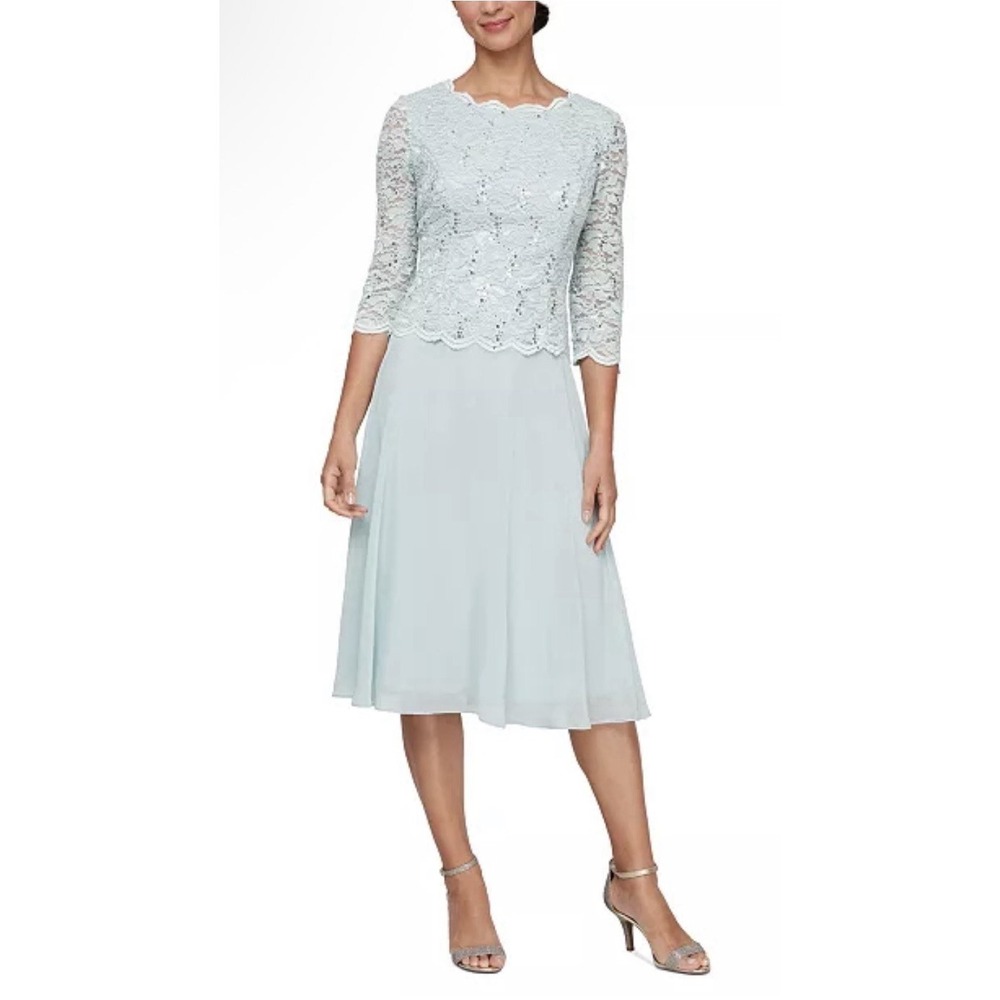 Alex Evenings Sequined Lace Contrast Midi Dress Fresh Mint Size 10